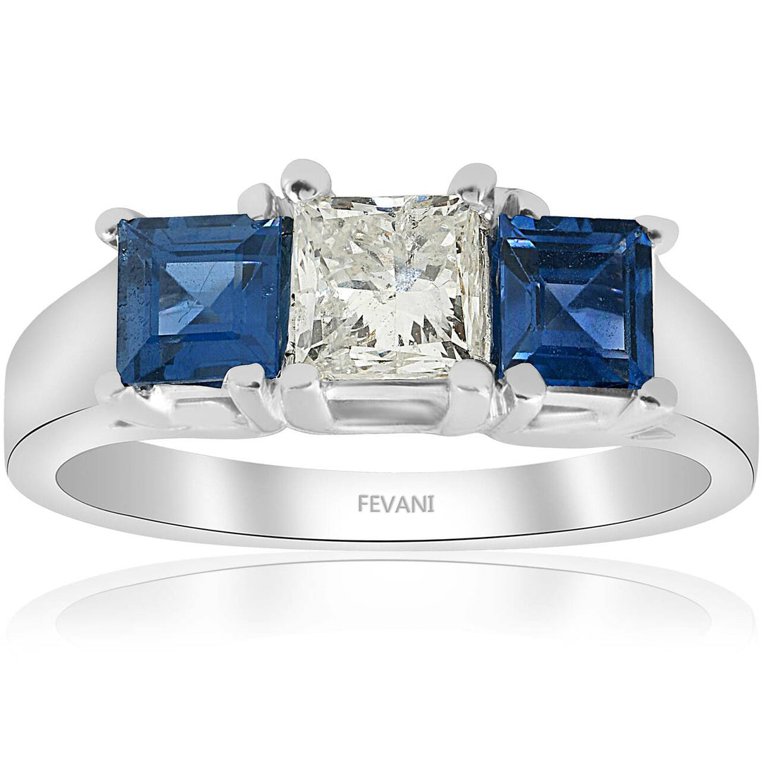 14k White Gold 3 Stone Blue Sapphire Diamond Ring