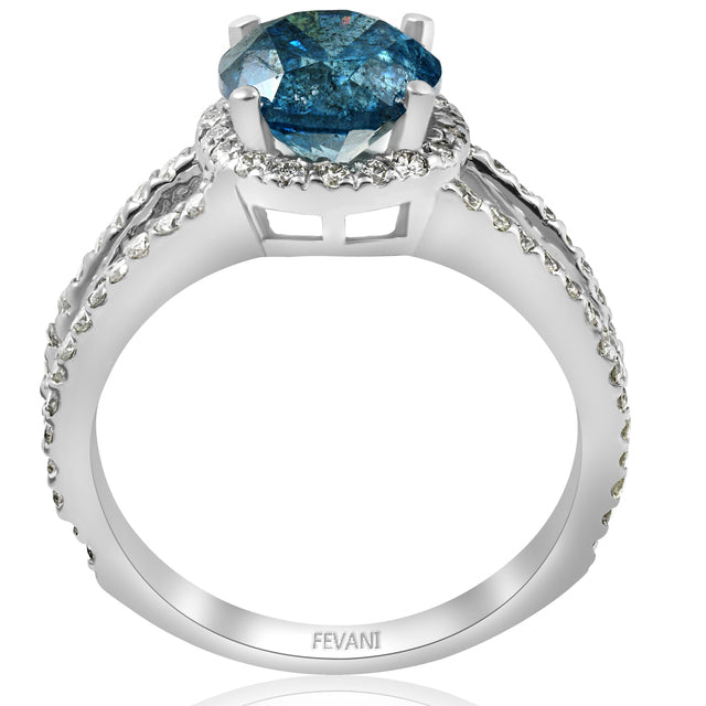 14K White Gold Blue Diamond Halo Engagement Ring