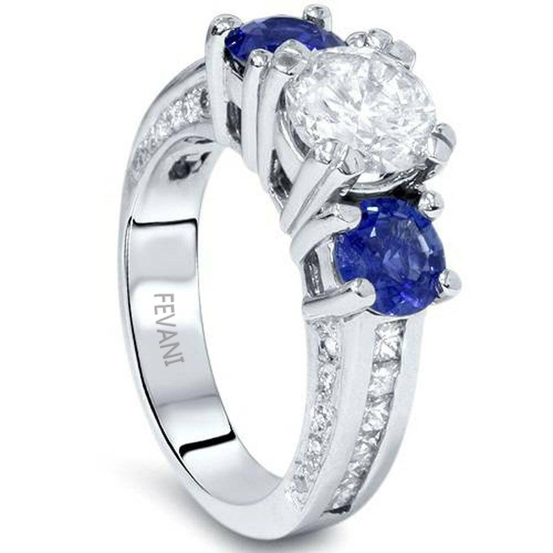 14k White Gold Three Stone Blue Diamond Sapphire Ring
