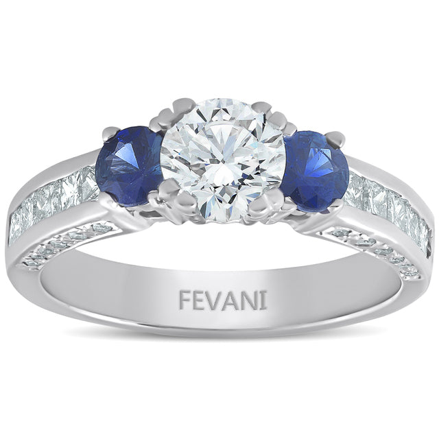14k White Gold Three Stone Blue Diamond Sapphire Ring