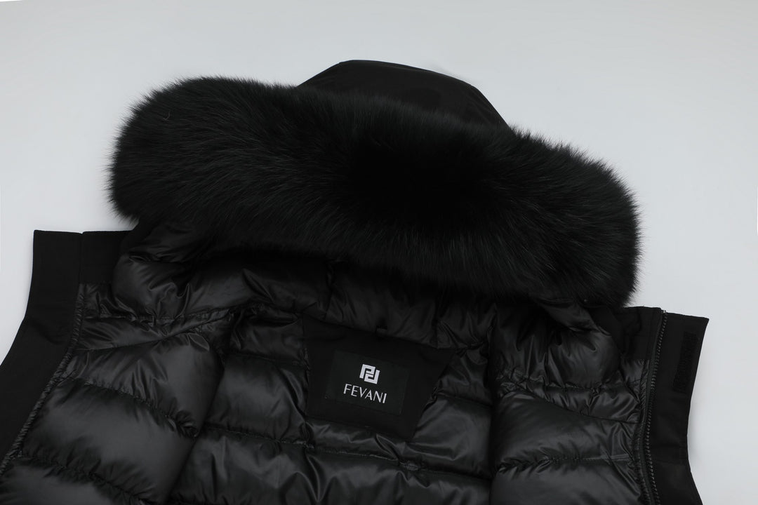 Veste d'hiver chaude Grandeur pour hommes en noir - (garniture en renard noir)