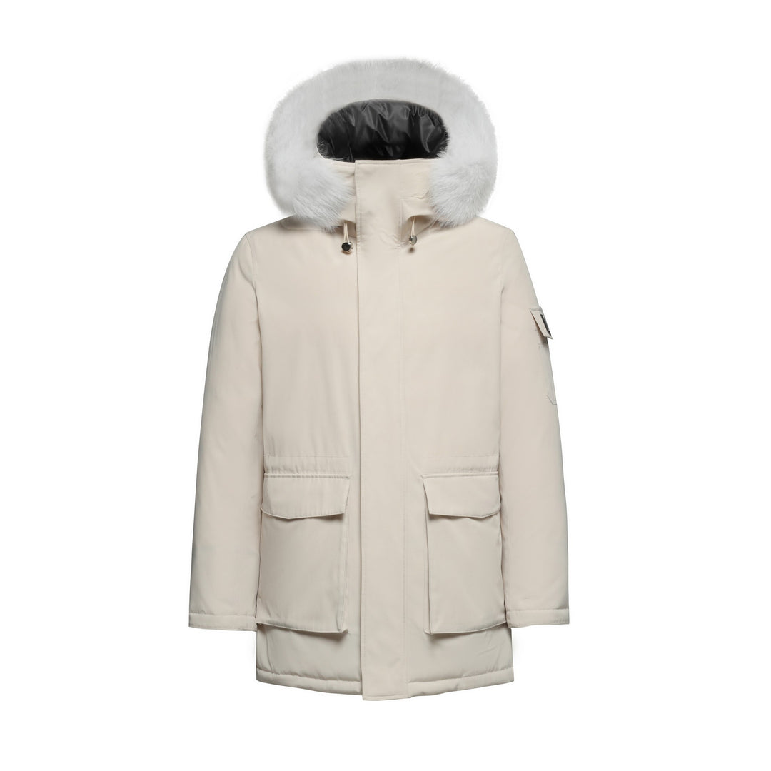Men's Grandeur Warm Winter Jacket in White - (Blue Fox Trim)