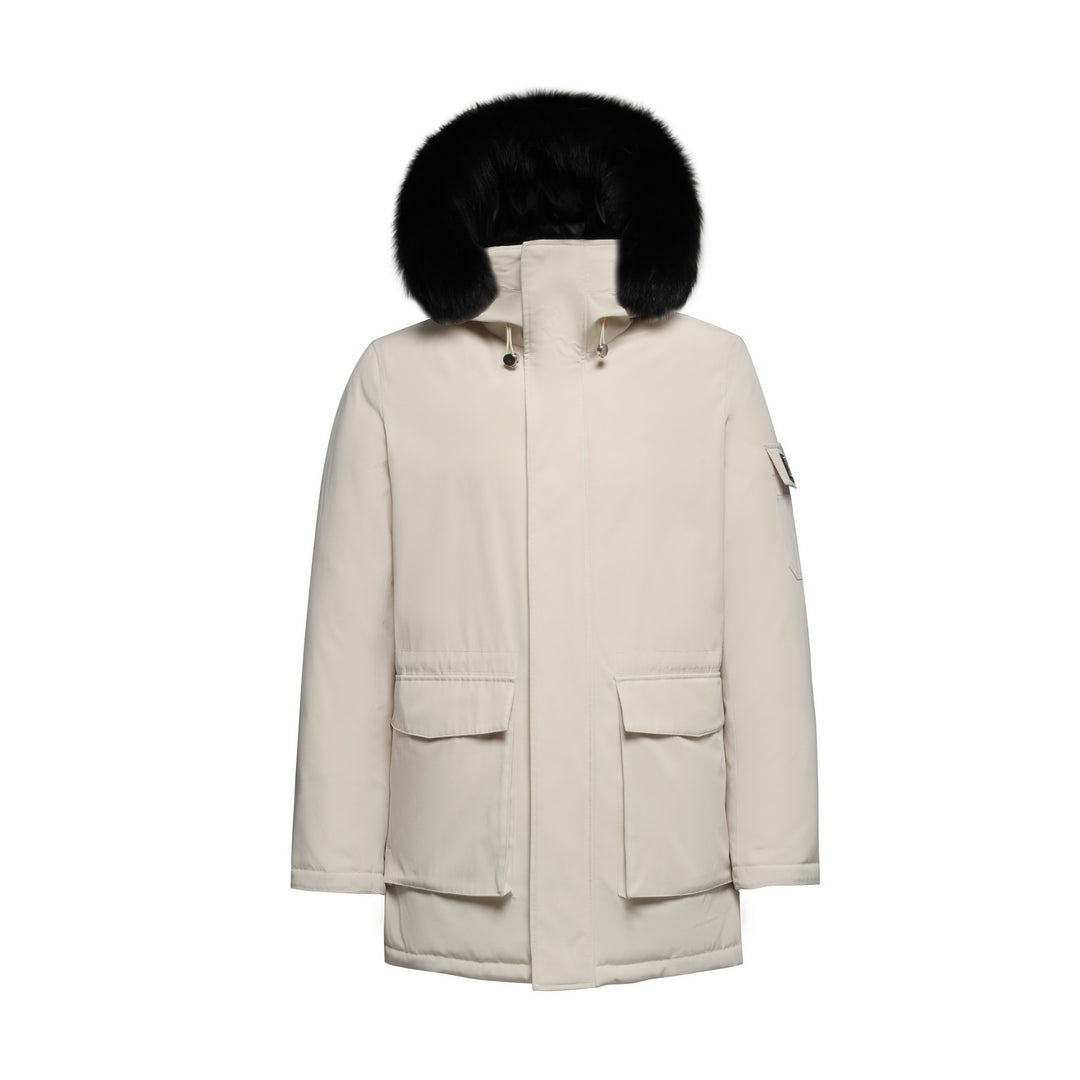Men's Grandeur Warm Winter Jacket in White - (Black Fox Trim)
