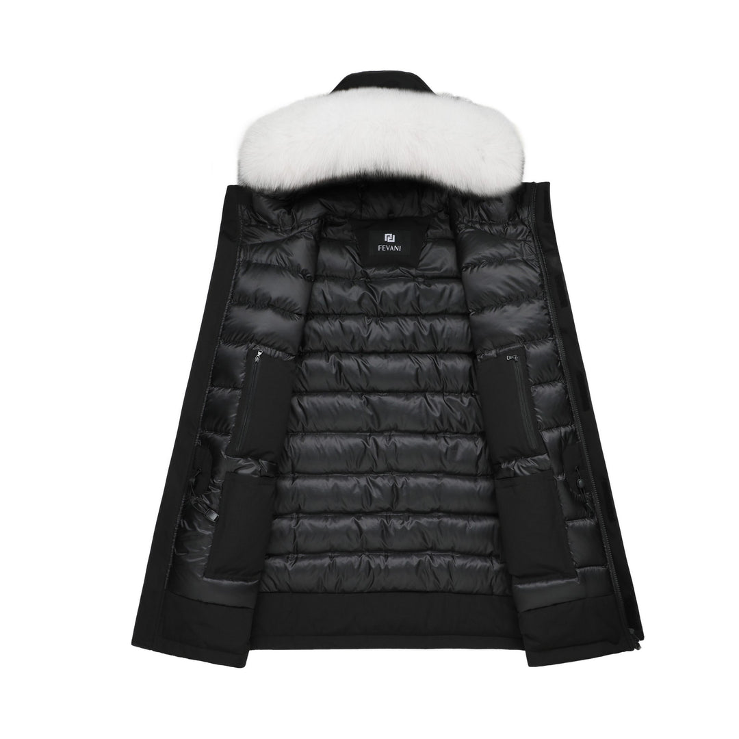Veste d'hiver chaude Grandeur pour hommes en noir - (bordure en renard bleu)