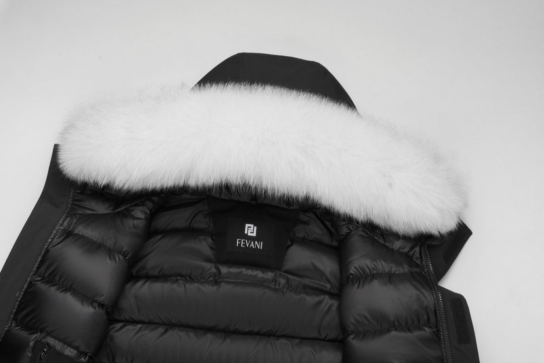 Veste d'hiver chaude Grandeur pour hommes en noir - (bordure en renard bleu)