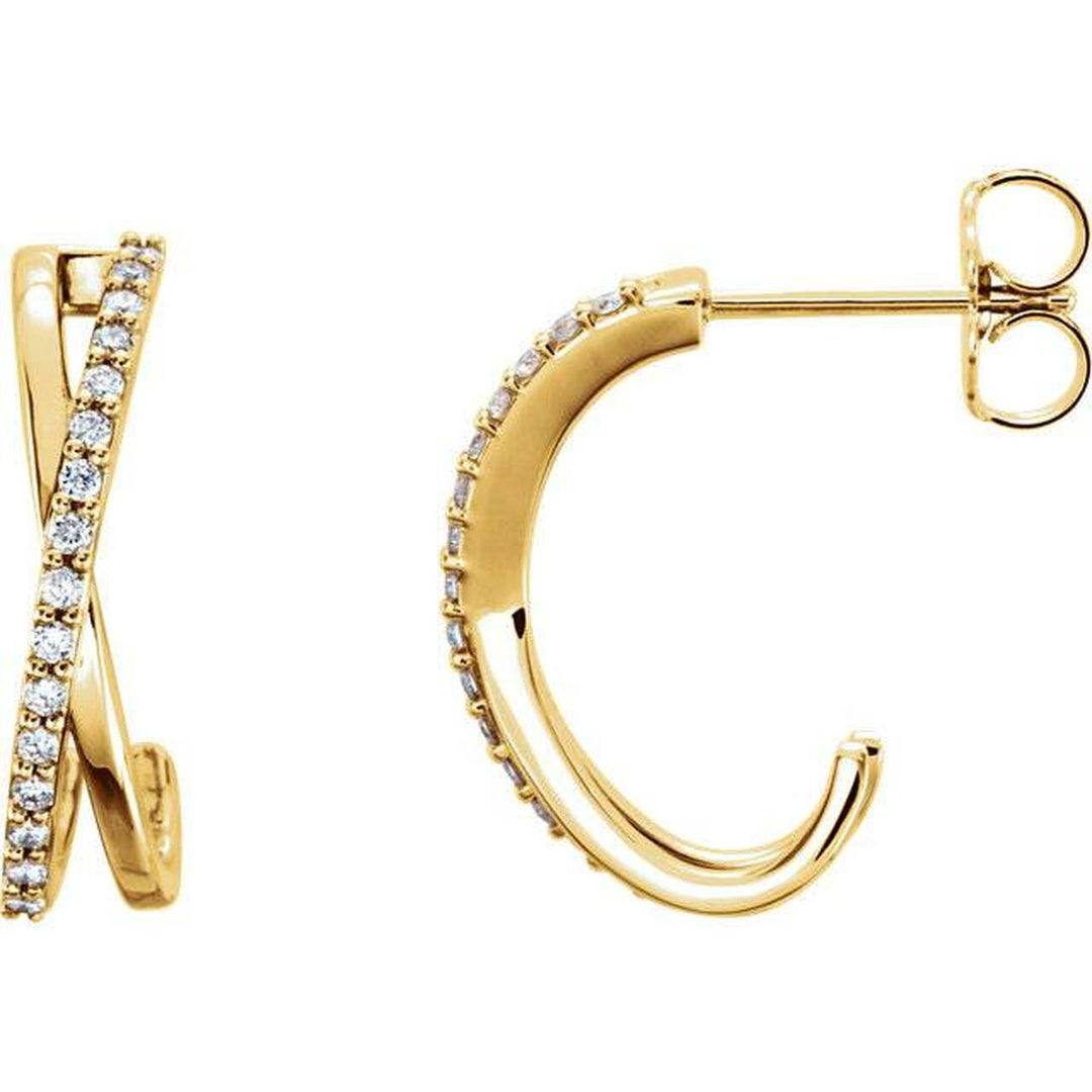 14K Yellow Gold Viola Diamond Hoops Criss Cross Earrings